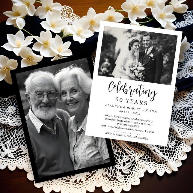 Exquisite Black White Elegant Wedding Anniversarie Einladung (Exquisite Black & White Elegant Wedding Anniversarie 2 Photos Invitations Cards.)