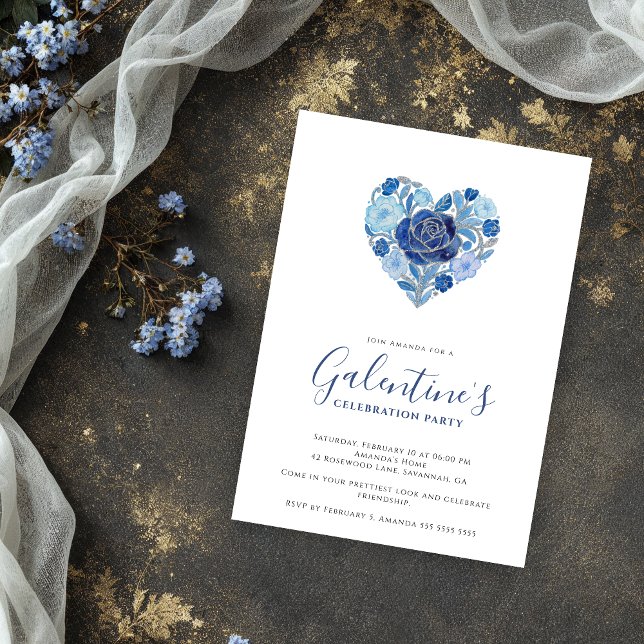 Exquisite Blue Floral Heart Galentine's Day Party  Einladung (Exquisite Floral Heart Galentine's Day Party Invitation Cards for Your Best Friends in Blue Shades.)