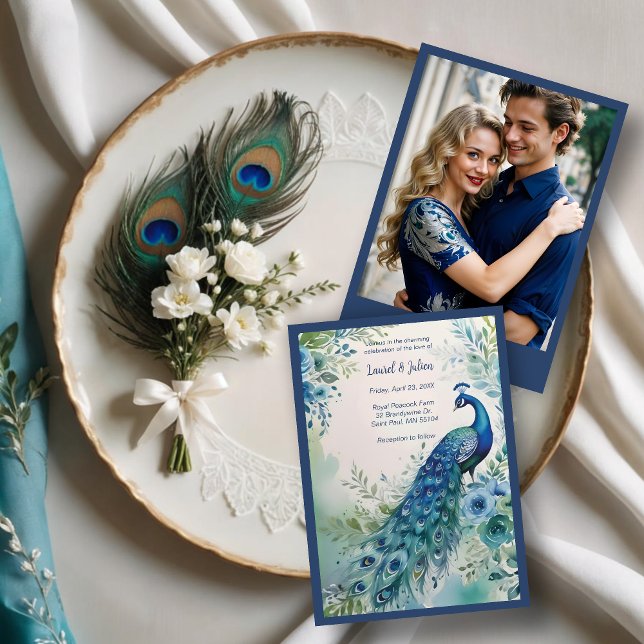 Exquisite Blue & Green Peacock Watercolor Photo  Einladung (Exquisite Blue & Green Peacock Watercolor Effect On Floral Garden Photo Wedding Invitations Cards.)