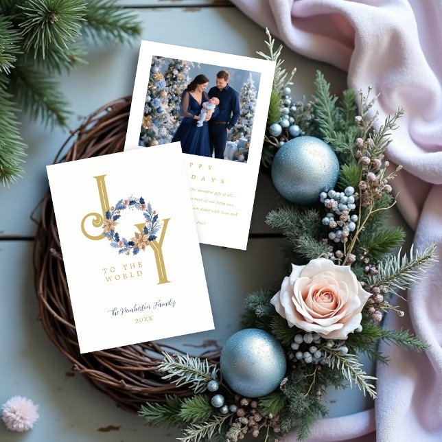 Exquisite Blue Tones & Faux Gold Christmas Wreath Feiertagskarte (Exquisite Blue Tones and Faux Gold Christmas Wreath Holiday Cards with Back Photo.)