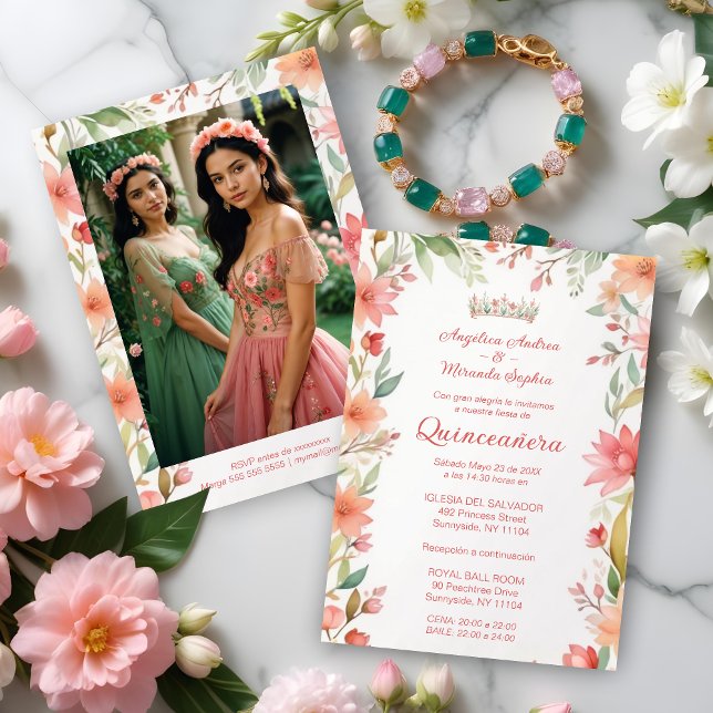Exquisite Botanical Frame Quinceañera Twins Photo Einladung (Spanish Exquisite Spring Botanical Frame Quinceañera Twins Photo Invitations Cards with Tiara)
