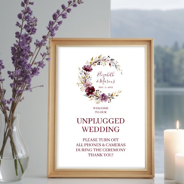 Exquisite Burgundy Unplugged Wedding Floral Poster (Exquisite Burgundy Unplugged Wedding Botanical and Floral Circular Garland Poster Design.)