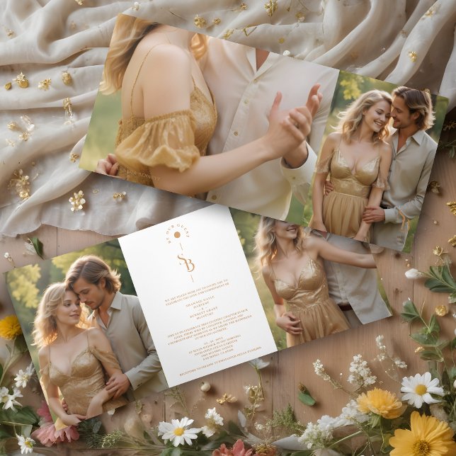 Exquisite Chic Minimalist Gold Wedding Initials Dreifach Gefaltete Einladung (Exquisite Chic Minimalist Gold Effect Wedding Initials 4 Photos Invitation Tri-Fold Card.)