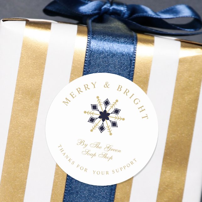 Exquisite Christmas Navy & Gold Snowflake Thanks Runder Aufkleber (Exquisite Christmas Navy & Gold Snowflake Thanks Classic Round Sticker.)