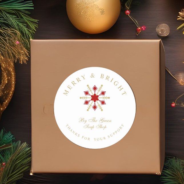 Exquisite Christmas Red & Gold Snowflake Thanks  Runder Aufkleber (Exquisite Christmas Red & Fake Gold Snowflake Thanks for Business Classic Round Stickers. )