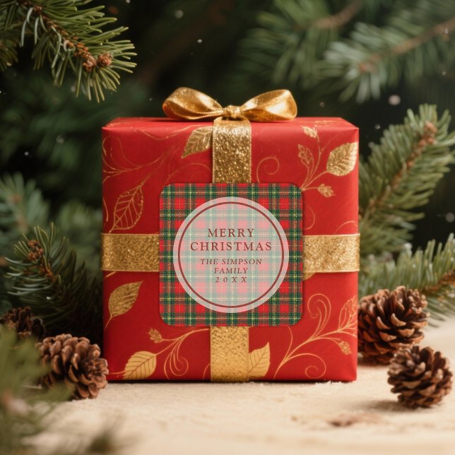 Exquisite Classic Festive Christmas Red Tartan Quadratischer Aufkleber (Exquisite Classic Festive Christmas Red Tartan Stickers.)