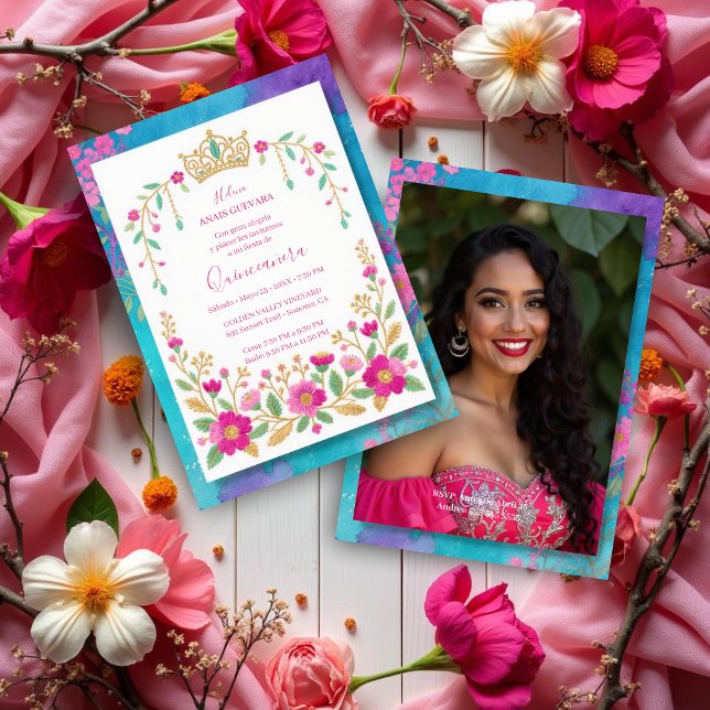 Exquisite Colorful Spanish Quinces Floral Border Einladung (Exquisite Colorful Spanish Mexican Inspired Floral Border Embroidery Style Quinceañera Invitation.)