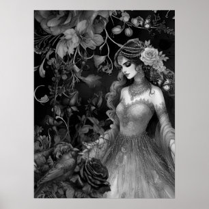 Exquisite dunkle monochrome Beauty-Rose & Raven Poster