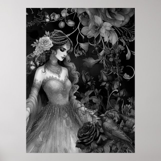 Exquisite dunkle monochrome Beauty-Rose & Raven Poster (Vorne)