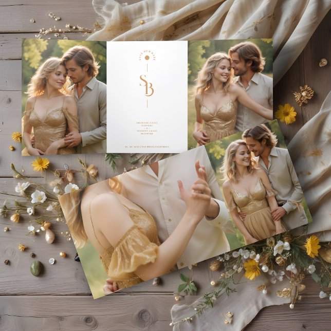 Exquisite Elegant Minimalist Gold Wedding Initials Dreifach Gefaltete Einladung (Exquisite Elegant Minimalist Gold Effect Wedding Initials 4 Photos Save the Date Tri-Fold Card.)