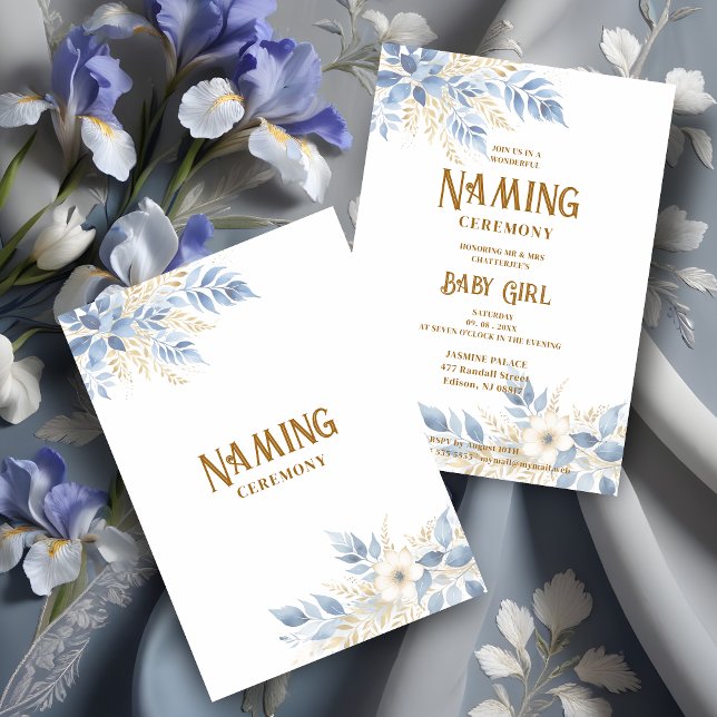 Exquisite Floral Branches in Blue Naming Ceremony Einladung (Exquisite Floral Branches in Blue and Faux Gold Shades Background Naming Ceremony Invitation Card.)