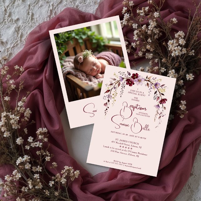 Exquisite Floral Burgundy Shades Arch Baby Baptism Einladung (Exquisite Floral Burgundy Shades Arch Baptism Invitation Design with Back Baby Photo. )