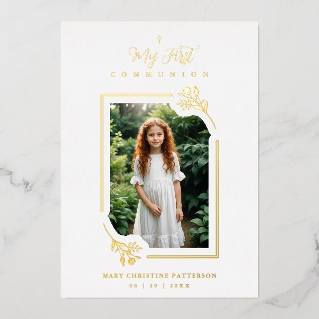 Exquisite Gold Botanical Frame First Communion Folieneinladung (Vorderseite)