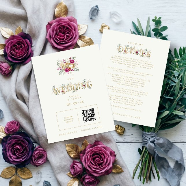 Exquisite Gold Rings Floral Wedding TLW26 Begleitkarte (Exquisite Gold Rings Wedding Enclosure Card with Elegant Cream Floral Bouquet Watercolor Effect)