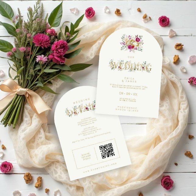 Exquisite Gold Rings Floral Wedding TLW26 Einladung (Exquisite Gold Rings Wedding Invitation with Elegant Cream Floral Bouquet Watercolor Effect)