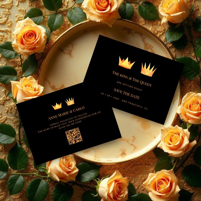 Exquisite Golden Effect Queen & King Royal Crowns Save The Date (Exquisite Golden Effect Queen & King Royal Crowns Save the Date Cards on Black Background. )