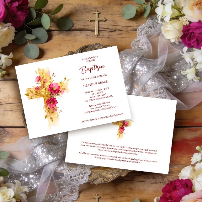 Exquisite Golden Glitter Floral Cross Baptism Einladung (Exquisite Gold Glitter Effect Floral Cross Christian Baptism Invitation Card Design. )
