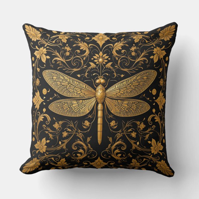 Exquisite Goldene Drachenfliege mit floraler Kunst Kissen (Vorderseite)