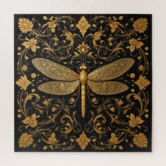 Exquisite Goldene Drachenfliege mit floraler Kunst Puzzle (Vertikal)