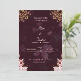 Exquisite Goldene Mandala & Moody Florale Hochzeit Einladung