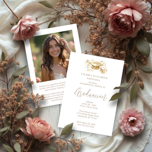 Exquisite Graduate Cap in Beige Tones Graduation Einladung (Exquisite Graduate Cap in Beige Tones Graduation Invitation Card Design in Spanish with Back Photo. )