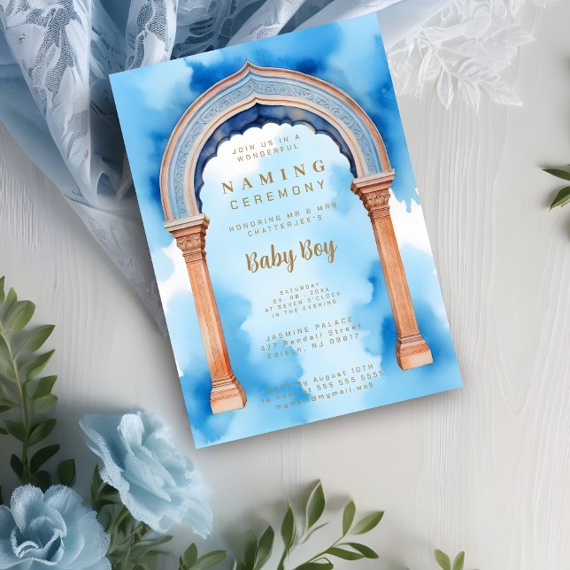 Exquisite Indian Architecture Arch Naming Ceremony Einladung (Exquisite Indian Architecture Arch Watercolor in Blue Shades Background Naming Ceremony Invitation )