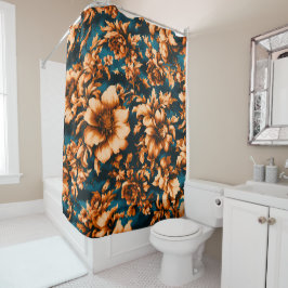 Exquisite luxuriöse Golden Blume, Blätter auf Blue Duschvorhang