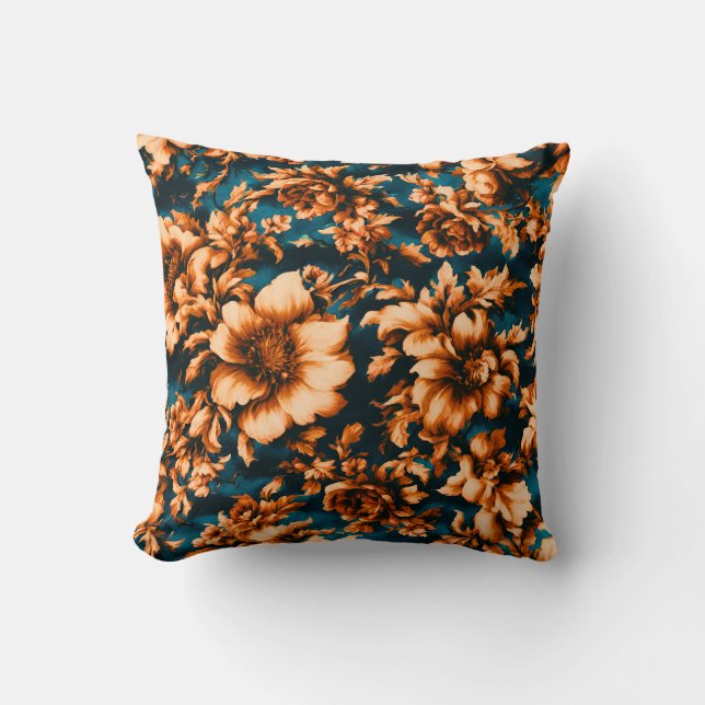 Exquisite luxuriöse Golden Blume, Blätter auf Blue Kissen (Vorderseite)