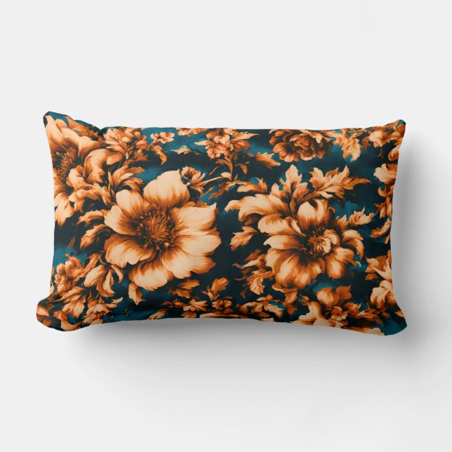 Exquisite luxuriöse Golden Blume, Blätter auf Blue Lendenkissen (Vorderseite)