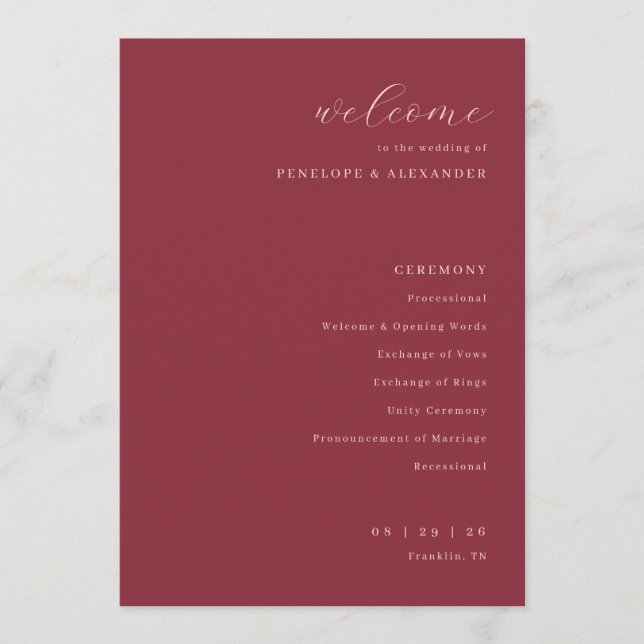 Exquisite Maroon Calligraphy Wedding Ceremony Programm (Vorderseite)