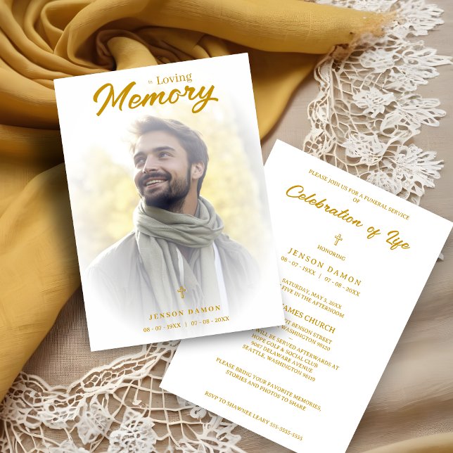 Exquisite Minimalist White Gold Gradient Photo Einladung (Exquisite Minimalist White Fake Golden Effect Transparency Overlay Photo Funeral Invitation Card)