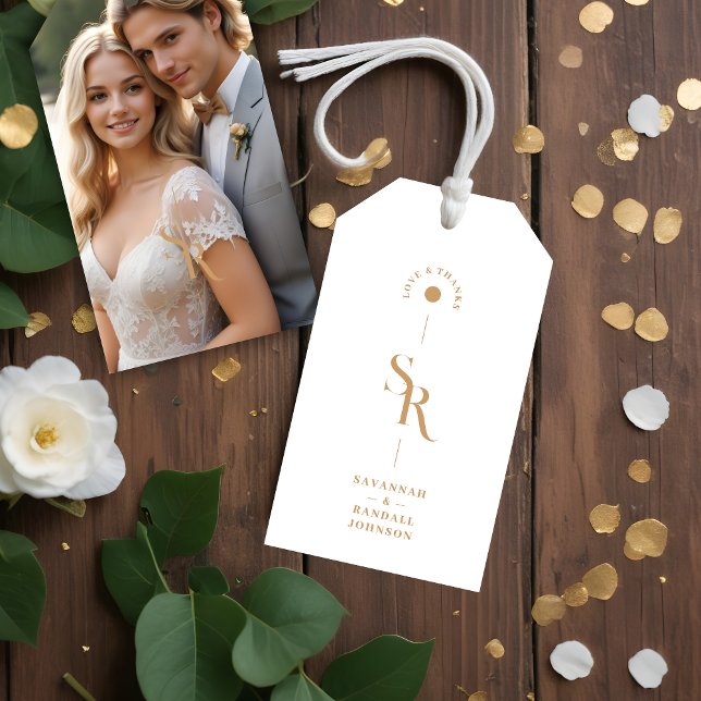 Exquisite Minimalistische Goldene Hochzeiten Geschenkanhänger (Exquisite Chic Minimalist Golden Effect Wedding Initials Photo Gift Tags.)
