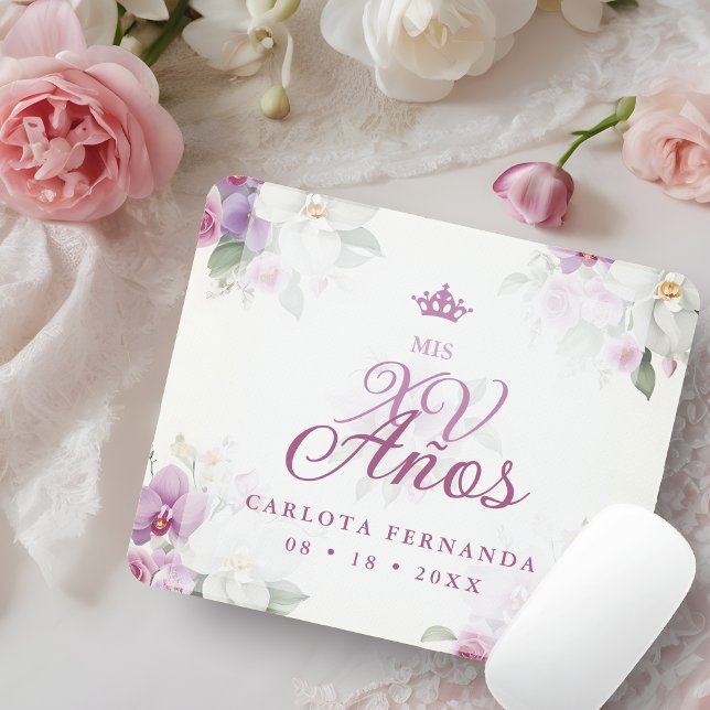 Exquisite Mis XV Años Spanish Floral Orchid Posies Mousepad (Romantic Exquisite Mis XV Años Spanish Floral Orchids Bouquets in Pink shades Mouse Pad. )