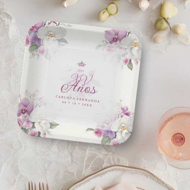 Exquisite Mis XV Años Spanish Floral Orchid Posies Pappteller (Romantic Exquisite Mis XV Años Spanish Floral Orchids Bouquets in Pink shades Paper Plates. )