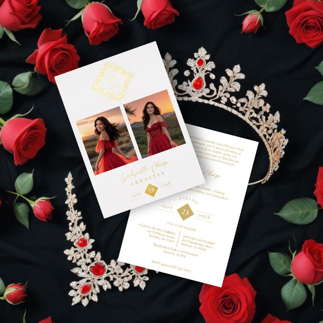 Exquisite Modern Floral Diamond Shape Mis XV Años  Folieneinladung (Exquisite Modern Floral Diamond Shape Mis XV Años Anagram 2 Photos Collage Metallic Foil Invitation.)