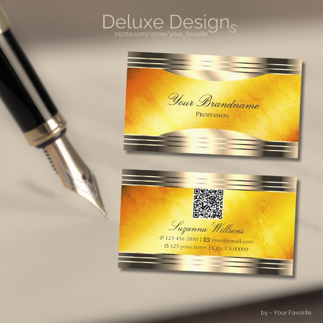 Exquisite Orange Marble Gold Borders mit QR Code Visitenkarte (Von Creator hochgeladen)
