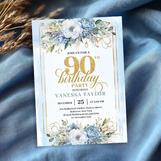 Exquisite pale blue gold style 90th birthday   einladung (Exquisite pale blue gold style 90th birthday invite)
