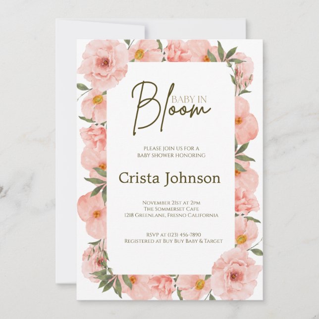 Exquisite Peach Floral Baby Dusche Einladung (Vorderseite)