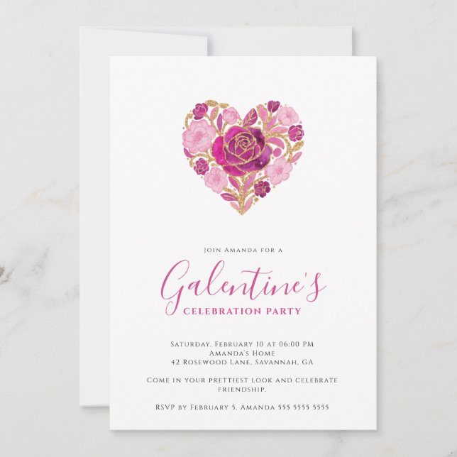 Exquisite Pink Floral Heart Galentine's Day Party  Einladung (Vorderseite)