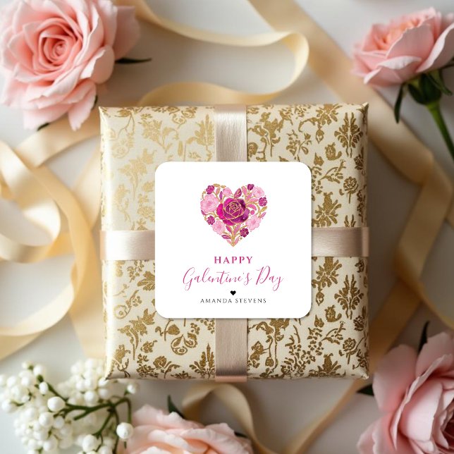Exquisite Pink Floral Heart Galentine's Day Party  Quadratischer Aufkleber (Exquisite Floral Heart Galentine's Day Square Paper Stickers for Your Best Friends in Pink Shades.)