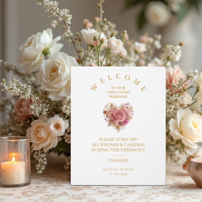 Exquisite Pink Floral Heart Unplugged Wedding Fotoplatte (Exquisite Pink Shades Floral Heart For Unplugged Wedding Ceremony Plaque.)