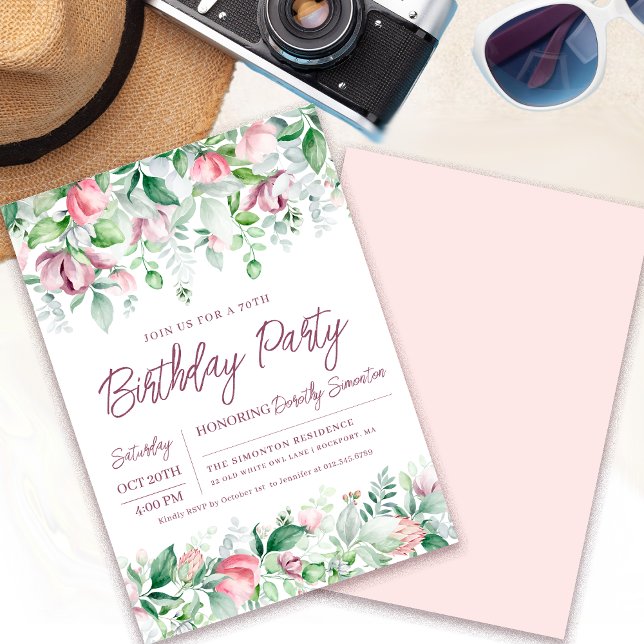 Exquisite Pink Mauve Floral 70. Geburtstag Einladung (Need a matching welcome sign? More coordinated party supplies. Message me!)