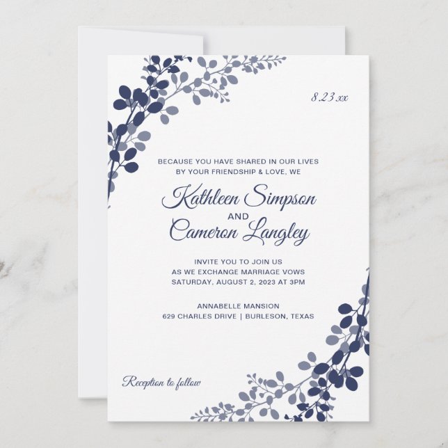 Exquisite Reben zum Hochzeitsempfang | Navy Blue Einladung (Vorderseite)