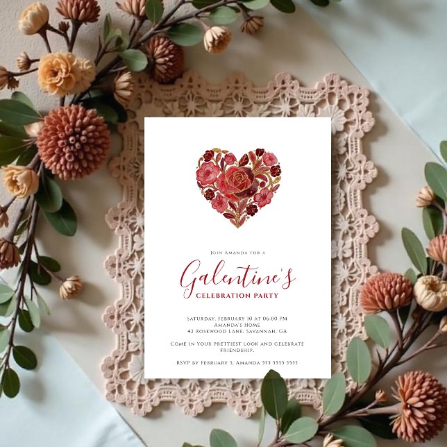 Exquisite Red Floral Heart Galentine's Day Party  Einladung (Exquisite Floral Heart Galentine's Day Party Invitation Cards for Your Best Friends in Red Shades )