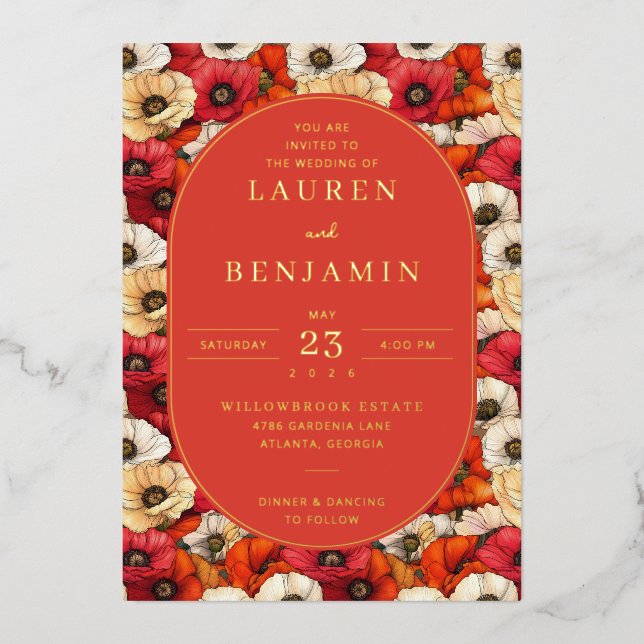 Exquisite Red Floral Wedding Invitation Folieneinladung (Vorderseite)