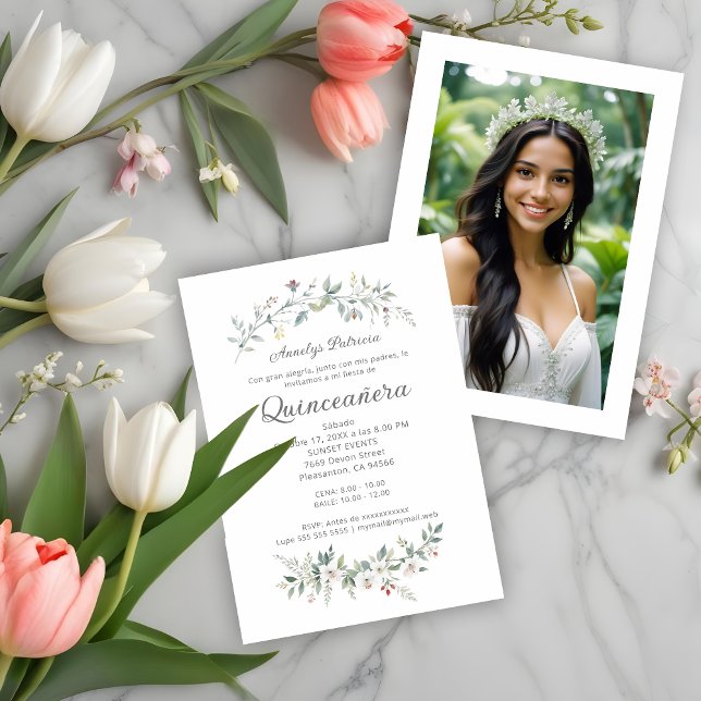 Exquisite Romantic Minimal Spring Floral Branches Einladung (Exquisite Romantic Minimalist Spring Floral Bouquet Quinceañera Spanish Invitations Cards with Photo)
