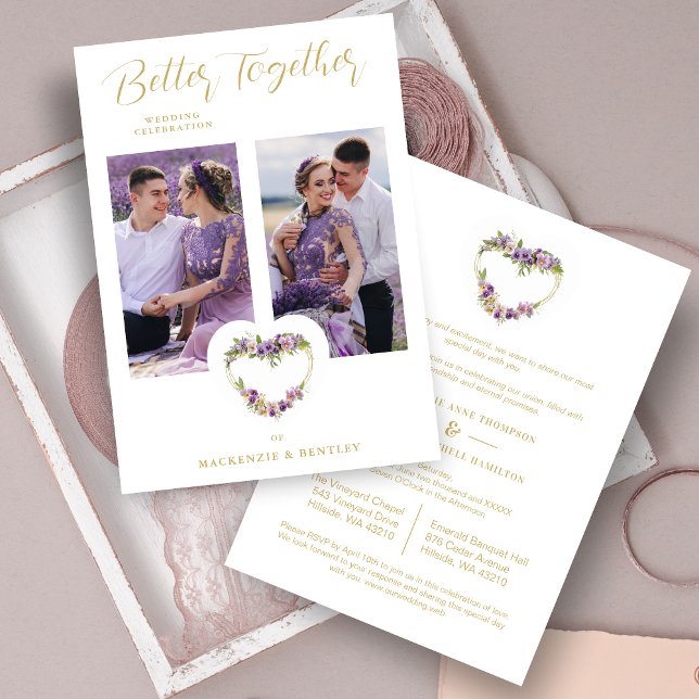 Exquisite Romantic Purple Shades Floral Heart Einladung (Exquisite Romantic Purple Shades Floral Heart & Faux Gold 2 Photos Wedding Invitation with Envelope.)