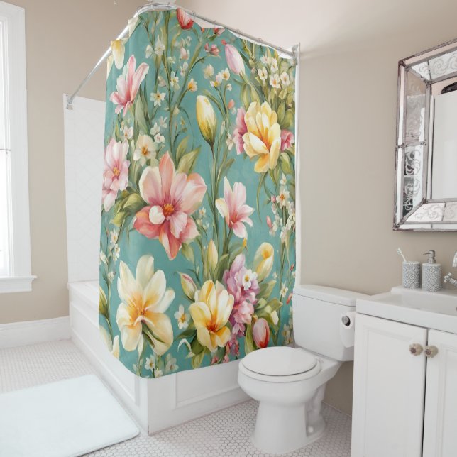 Exquisite Rosa, Gelbe Magnolien mit weißen Blume Duschvorhang (Beispiel)
