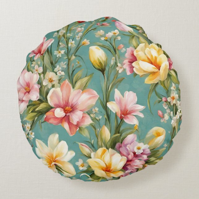 Exquisite Rosa, Gelbe Magnolien mit weißen Blume Rundes Kissen (Rückseite)