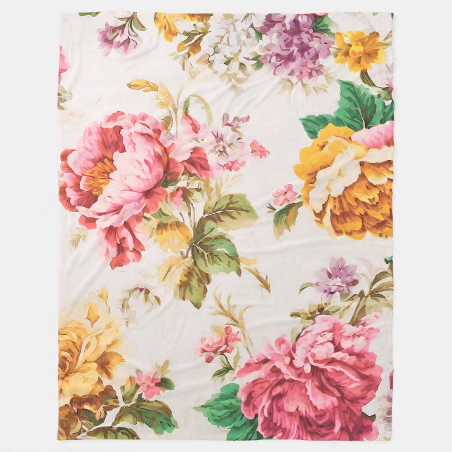 Exquisite Rosa und Gelbe Blumen. Shabby Chic Fleecedecke (Vorderseite)
